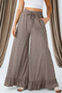 Pull On Elastic High Waist Drawstring Pocket Ruffle Hem Wide Leg Pants